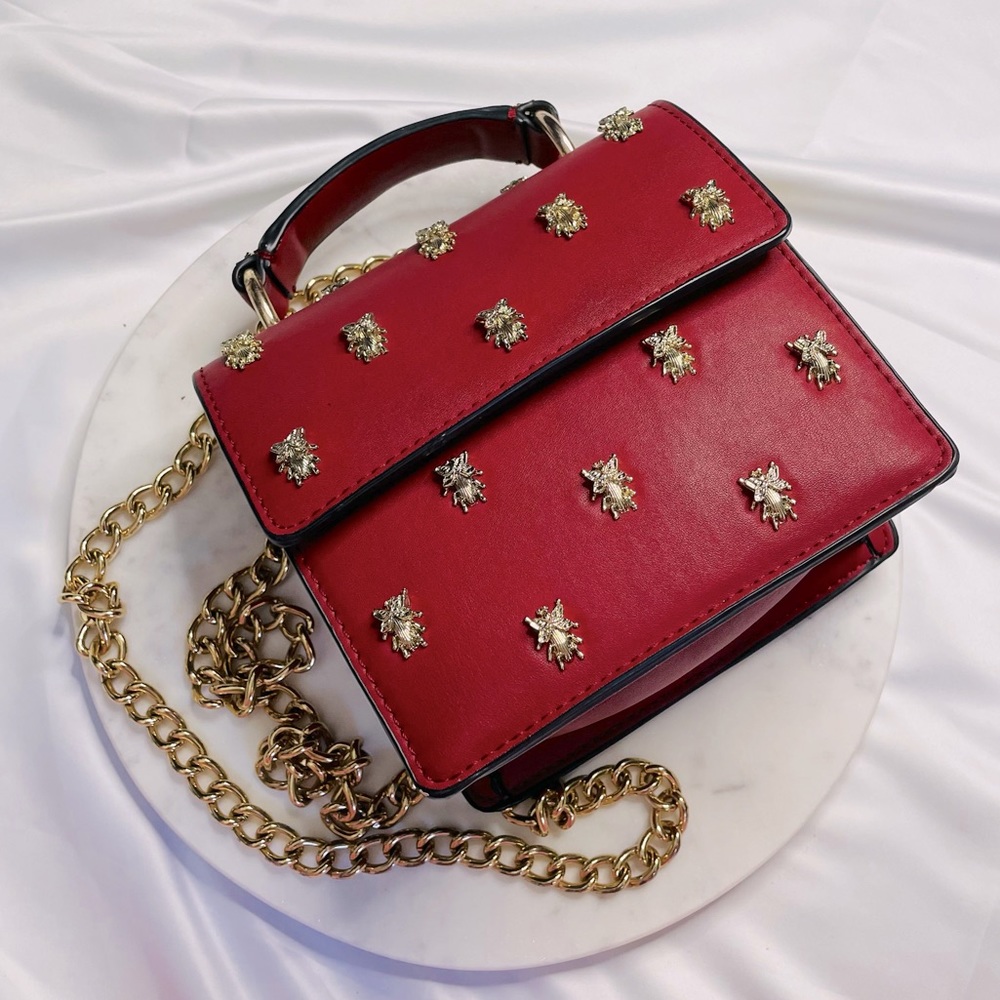 Zara Red Purse Burgundy Bee / Fly Purse Top Handle Gold Chain Crossbody Deep Red